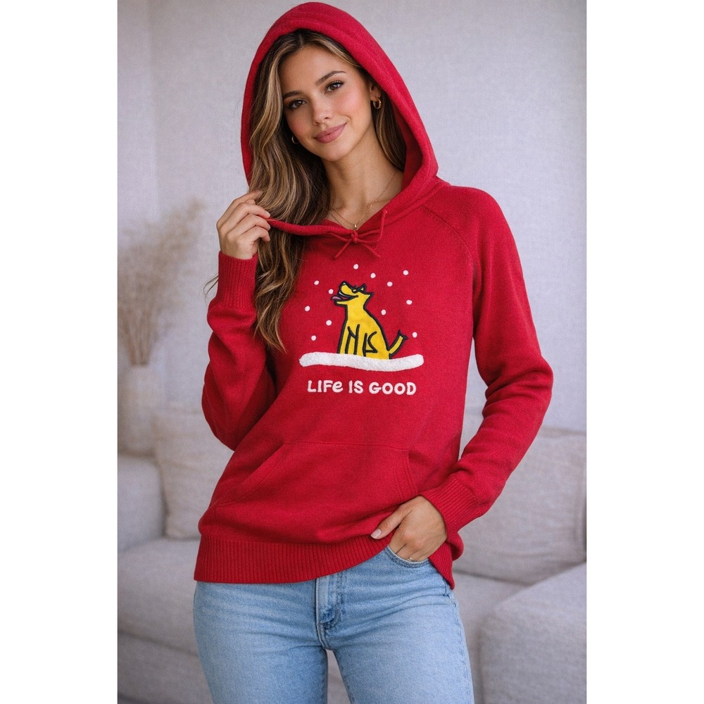 Life Is Good Womens Small Red Hoodie Dog Graphic Sweater‎ Knit Pullover Casual